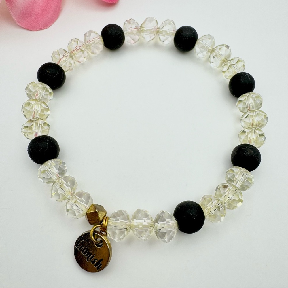 Erimish Clear Yellow Faceted Bead Black Rubber Bead Stretch Bracelet